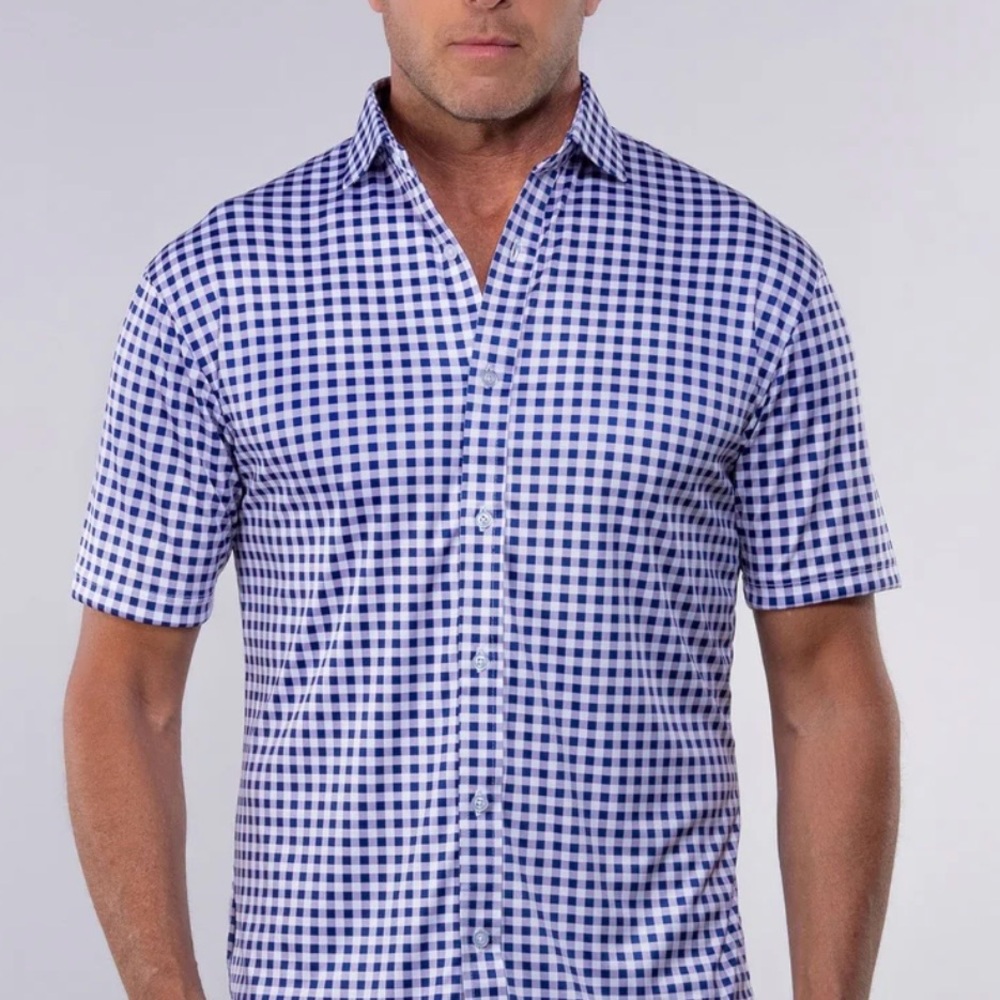 NWT Collars & Co Navy Gingham Short Sleeve Button Down Dress Shirt Extra Large